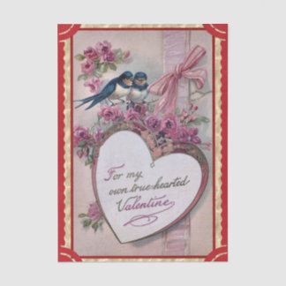 Two Valentine Lovebirds with Purple Roses, Ribbon  Tissuepapier