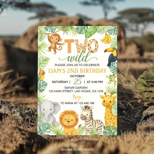 Two Wild Animals Safari 2nd Birthday Party Kaart