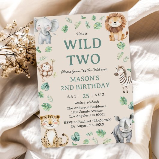 Two Wild Jungle Safari Animals 2nd Birthday Theme Kaart