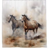 “Two Wild Mustangs” Stof Westers Waterverf Douchegordijn (Voorkant)