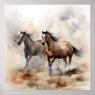 “Two Wild Mustangs” Stof Westers Waterverf Poster