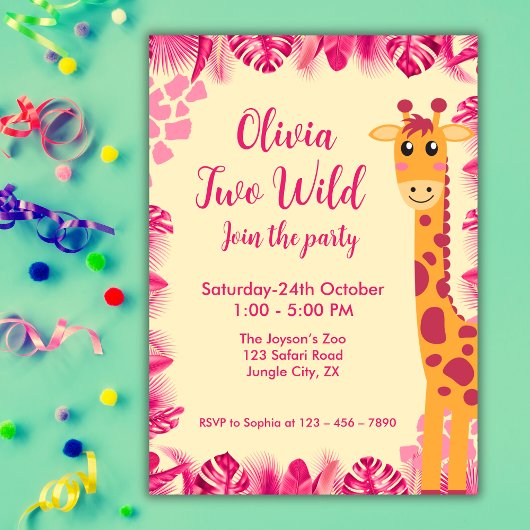 Two Wild Safari Animals Giraf Girl Pink 2nd Bday Kaart