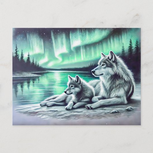 Two Wolves at the Waters Edge with Northern Lights Briefkaart (Voorkant)