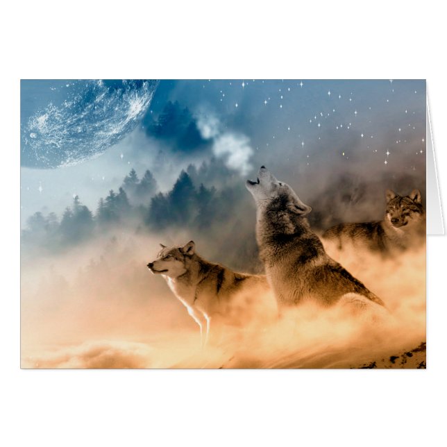 Two wolves howl at the full moon in forest (Devant horizontal)