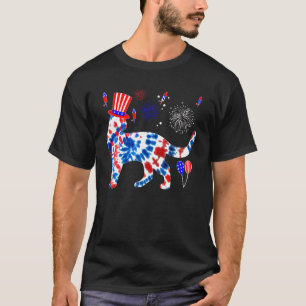 Tye Die Kat Vuurwerk 4 Juli Amerikaanse Vlag Pa T-shirt