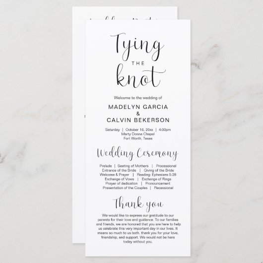 Tying the knot, Modern Mariage Ceremony Programme (Devant / Derrière)