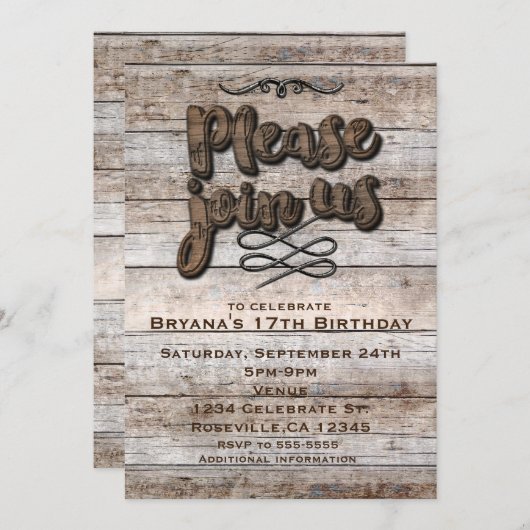 Type Brown Bois rustique Élégant Invitation (Devant / Derrière)