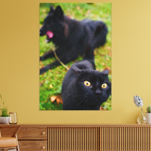 Typische kat en hond capriolen canvas afdruk (Insitu (Woonkamer))
