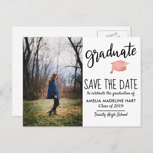 Typografie Afstuderen Pet | De datumfoto opslaan Aankondigingskaart (Voorkant / Achterkant)