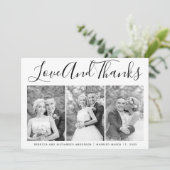 Typografie bruiloft Dank je drie foto-collage Bedankkaart (Staand voorkant)