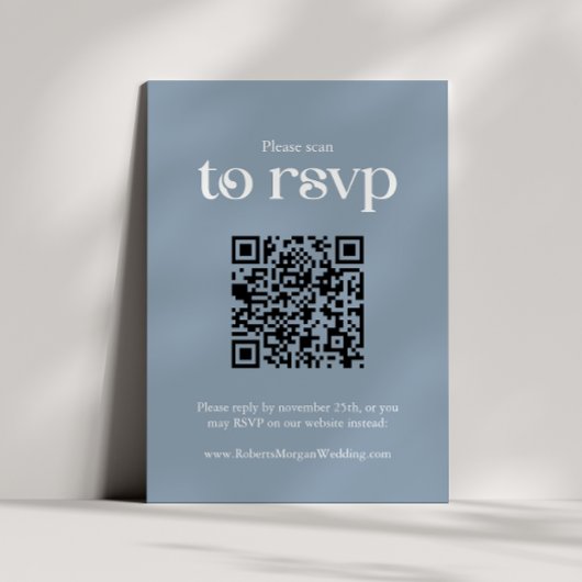 Typografie Dusty Blue QR code Bruiloft RSVP Kaartje