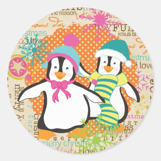 Typografie en Penguins Cute Holiday Round Sticker (Voorkant)