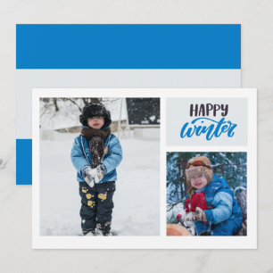 Typografie Happy Winter Blauw Twee Foto Feestdagenkaart