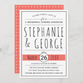 Typografie levend koraal huwelijksrepetitie diner kaart (Voorkant / Achterkant)