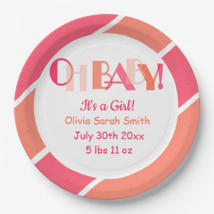 Typografie Oh Baby Coral Modern Baby shower Papieren Bordje