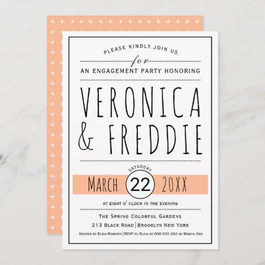 Typografie perzik bruiloft verlovingsfeest kaart (Voorkant / Achterkant)