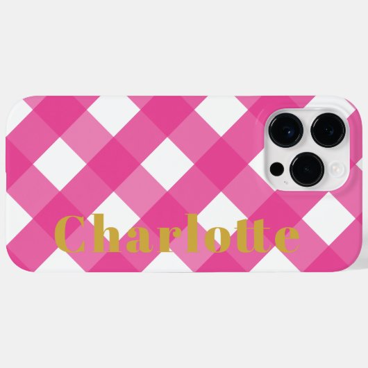 Typografie Roze Gingham iPhone Case met Naam (Achterkant (horizontaal))