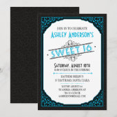  Typografie Scroll Black Neon Blue Sweet 16 Kaart (Voorkant / Achterkant)