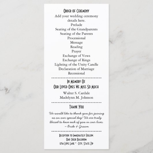 Typografie Style Wedding Programma's (Achterkant)