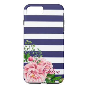 Typografie van rozen Navy & White Stripes Script iPhone 8 Plus / 7 Plus Hoesje