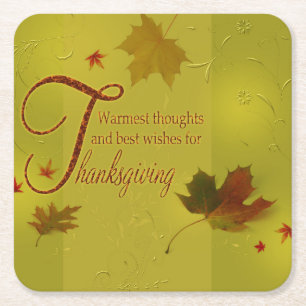 Typografie van Thanksgiving-wensen Bladeren Vierkante Kartonnen Onderzetter