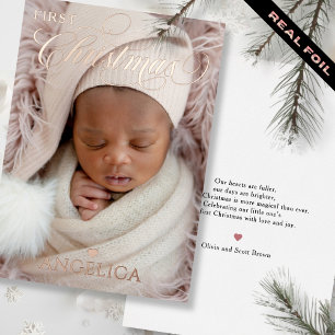 Typografie voor baby's eerste kerst met foto en na folie feestdagenkaart