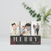 Typografische Botanicals 3 Photo Merry Feestdagenkaart (Staand voorkant)