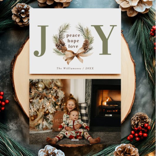 Typografische Kerstkrans Foto met 'Joy' Feestdagenkaart