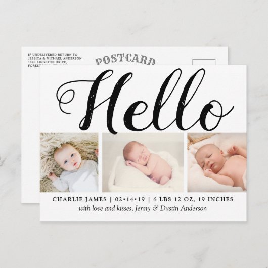 Typographie audacieuse "Hello" 3 Faire-part de nai (Devant / Derrière)