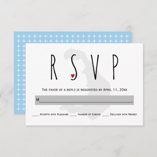 Typographie bleu, gris Santorin mariage carte RSVP (Devant / Derrière)