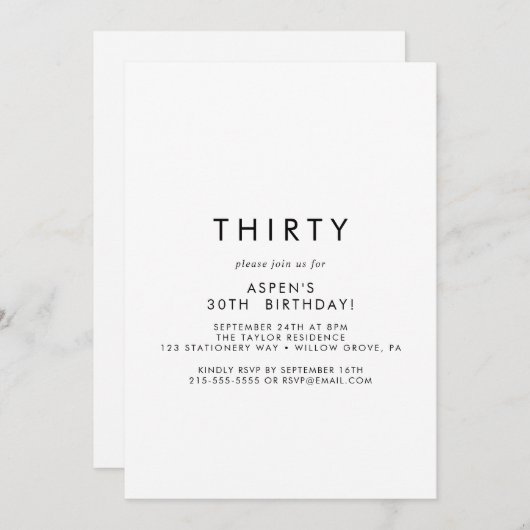 Typographie chic Invitation de fête du 30e anniver (Devant / Derrière)