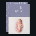 Typographie chic minimaliste moderne lilas photo n<br><div class="desc">Bonjour monde écrit main moderne minima photo faire-part de naissance. Design moderne de typographie de stylo de marqueur graphique. La couleur Lilac peut être changée.</div>