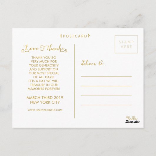 Typographie de script or Merci photo carte postale (Dos)