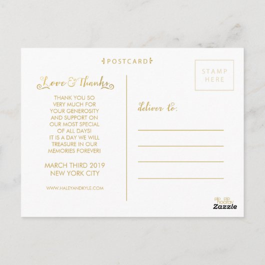 Typographie de script or Merci photo carte postale (Dos)