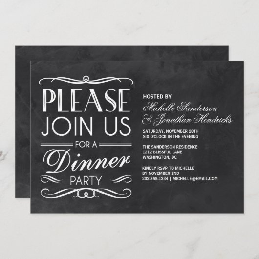 Typographie du tableau noir| Invitation du dîner (Devant / Derrière)