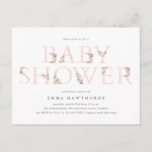 Typographie florale Invitation Baby shower rose (Devant)