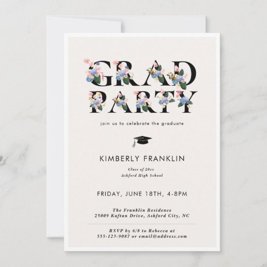 Typographie florale moderne GRAD PARTY Invitation (Devant)