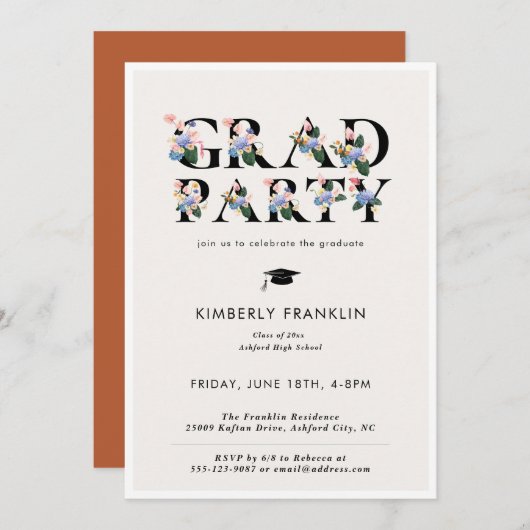 Typographie florale moderne GRAD PARTY Invitation (Devant / Derrière)