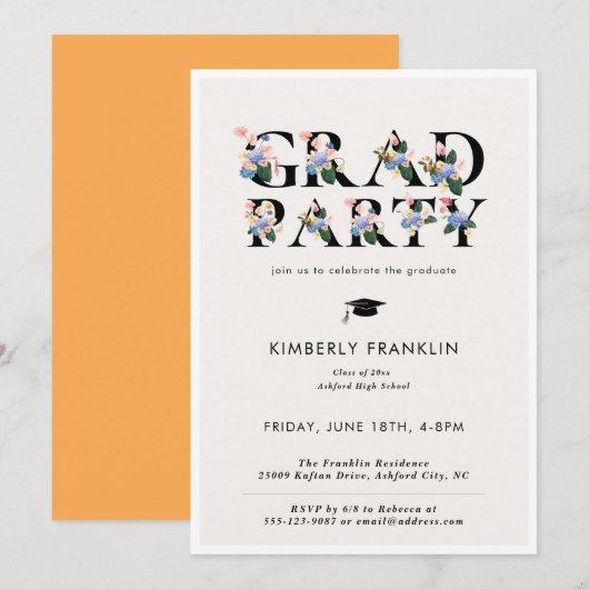 Typographie florale moderne GRAD PARTY Invitation (Devant / Derrière)