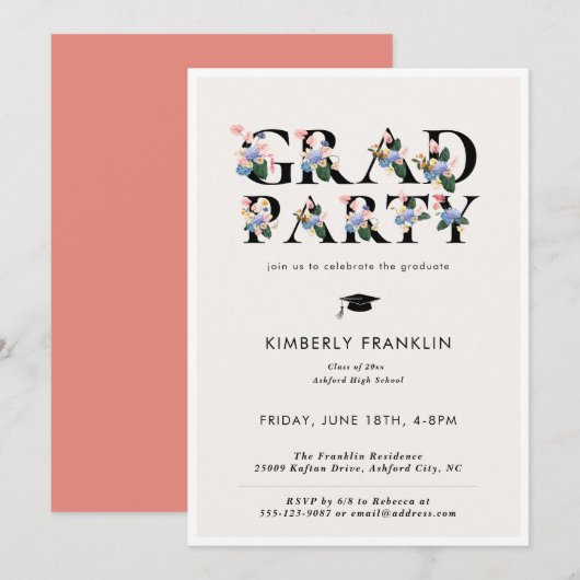 Typographie florale moderne GRAD PARTY Invitation (Devant / Derrière)