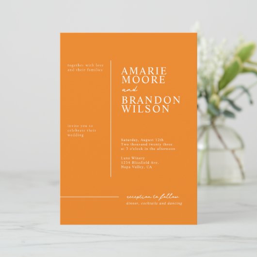 Typographie minimale Faire-part de mariage orange (Debout devant)
