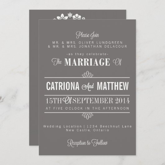 Typographie moderne gris Faire-part de mariage flo (Devant / Derrière)