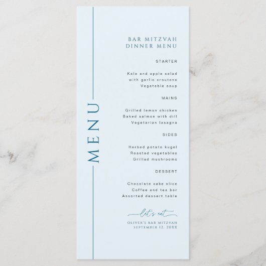 Typographie moderne Light Blue Bar Mitzvah Menu (Devant)