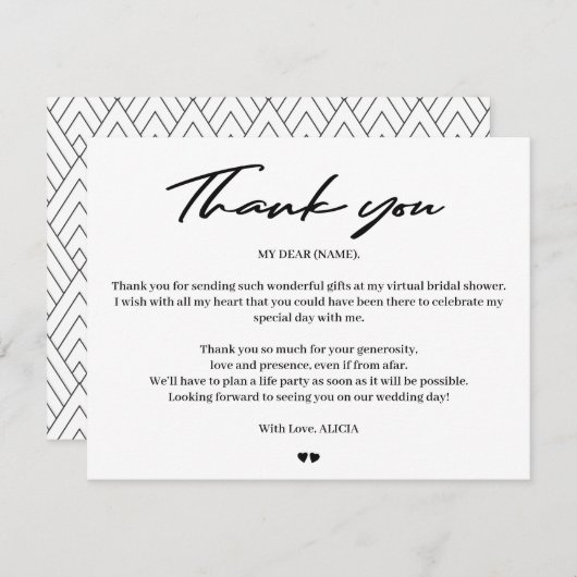 Typographie moderne mariée douche virtuelle merci (Devant / Derrière)