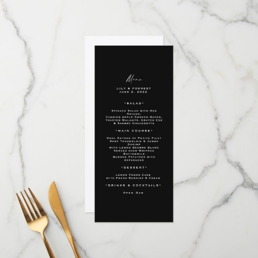 Typographie moderne Menu long noir et blanc (Devant/Arrière en situation)