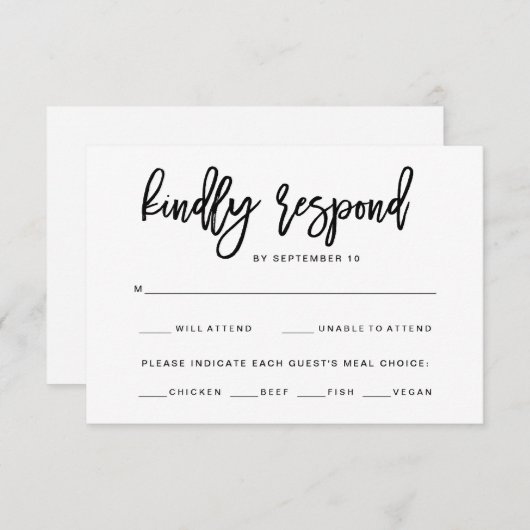 Typographie noir et blanc | Choix de menu RSVP (Devant / Derrière)