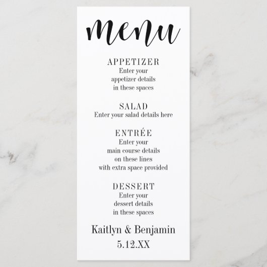 Typographie noire simple sur menu de mariage blanc (Devant)