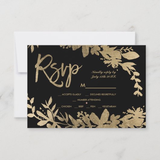 Typographie or feuille floral noir mariage rsvp (Devant)