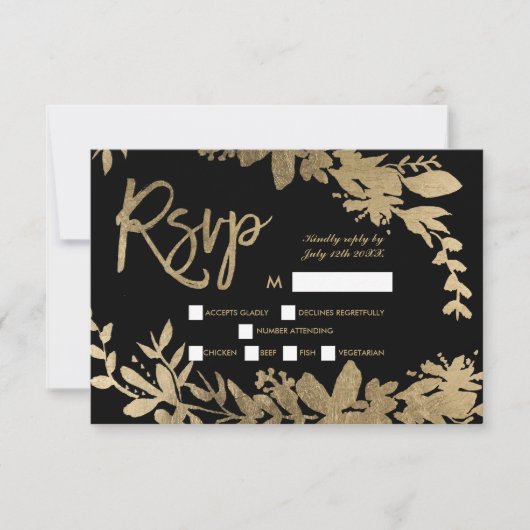 Typographie or feuille floral noir mariage rsvp 2 (Devant)