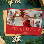 Typographie or moderne photo collage rouge Noël<br><div class="desc">Simple minimaliste élégante carte de modèle de Noël avec faux or Joyeux Noël typographie,  cinq photo collage,  nom de famille,  et votre texte. Facile à personnaliser des deux côtés !</div>